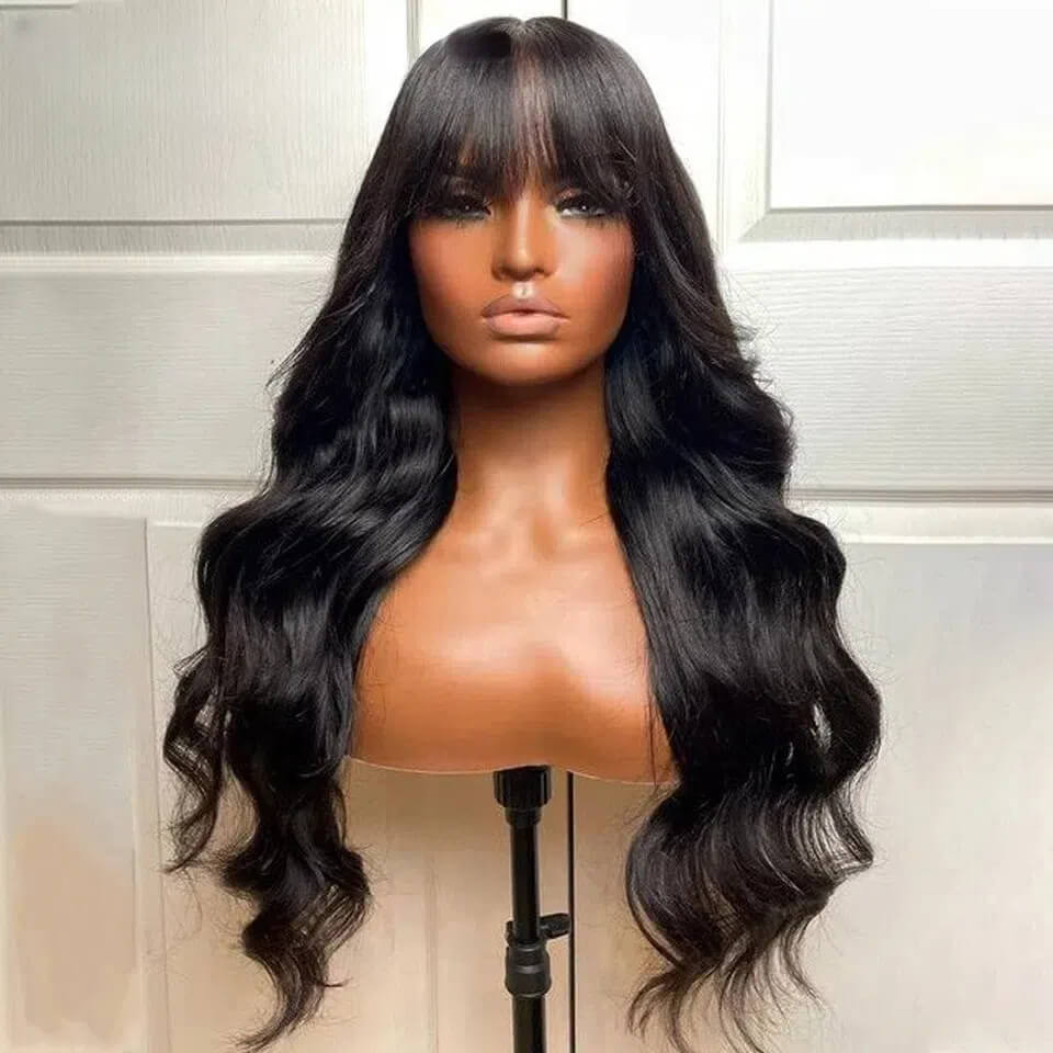 European and American full real human hair wig with bangs, long curls, natural color, body curls