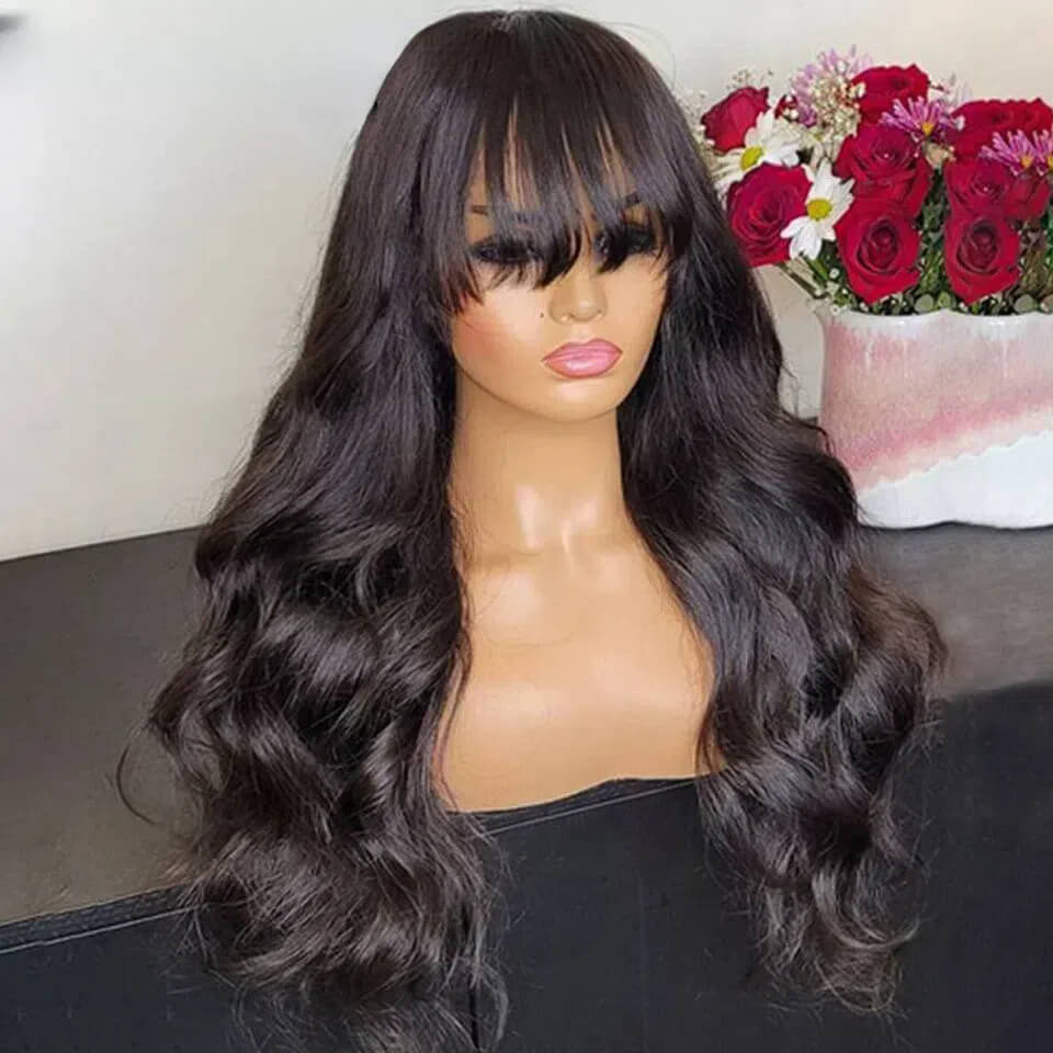 European and American full real human hair wig with bangs, long curls, natural color, body curls