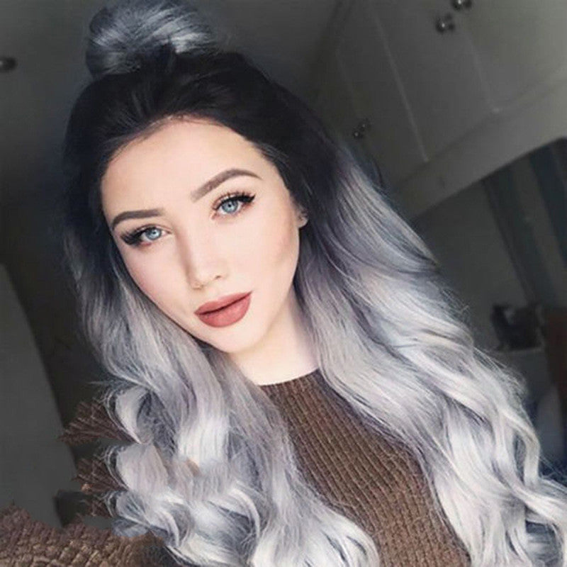 European And American Wig Granny Grey Gradient Medium-Long Volume