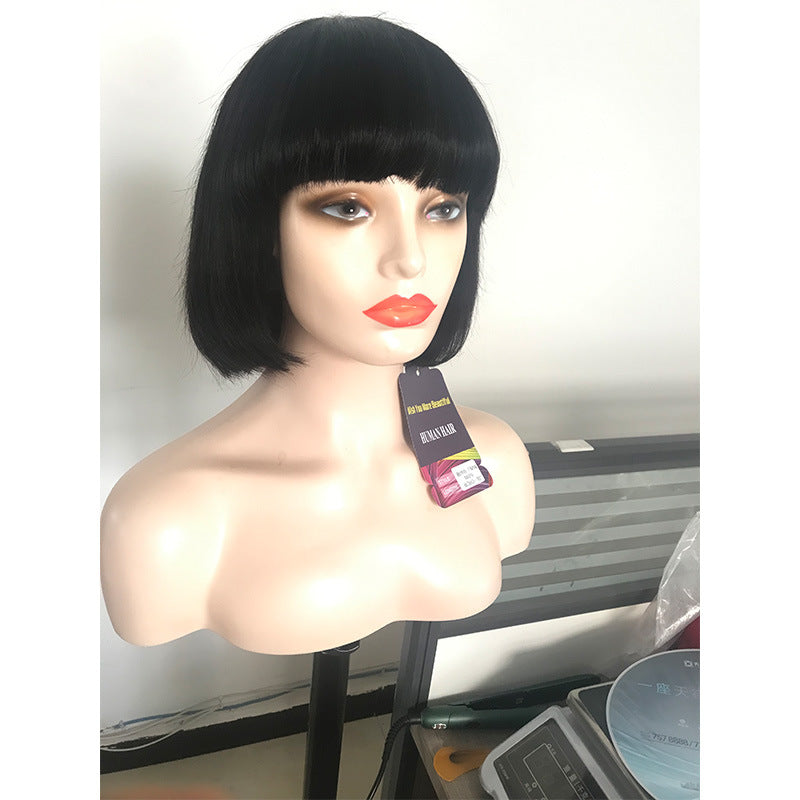 Mechanism bob headgear, bangs lace wig straight natural color straight hair, smooth hair real hair