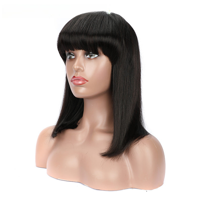 Mechanism bob headgear, bangs lace wig straight natural color straight hair, smooth hair real hair